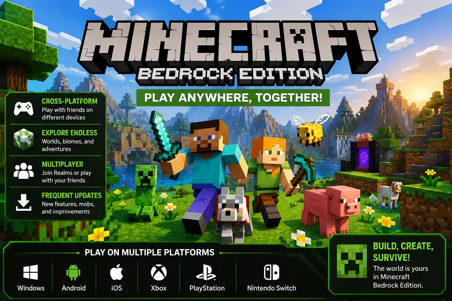 Minecraft Bedrock Edition promotional scene featuring Steve, Alex, animals, a Creeper, Nether portal, and a colorful block world landscape.